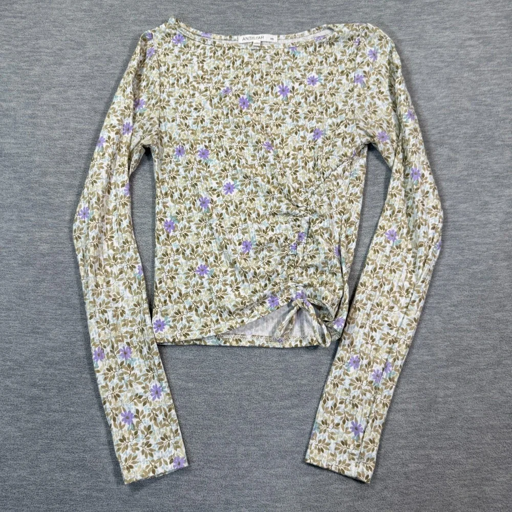 Antistar Top Women XS Green Floral Long Sleeve Ruched‎ Tie Hem Cottagecore